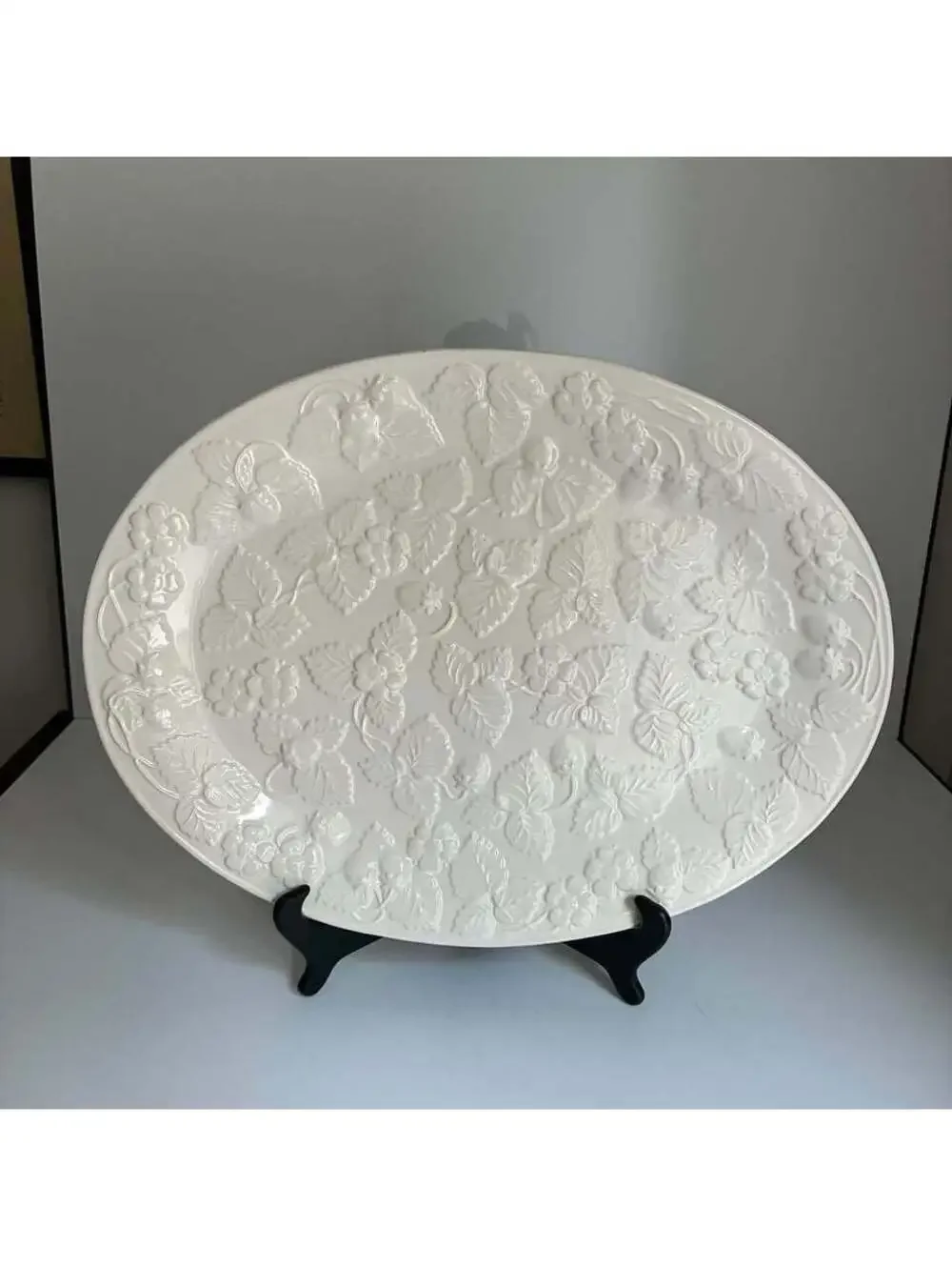 Large Vintage Made in Portugal White Embossed Strawberry Vine Serving Platter